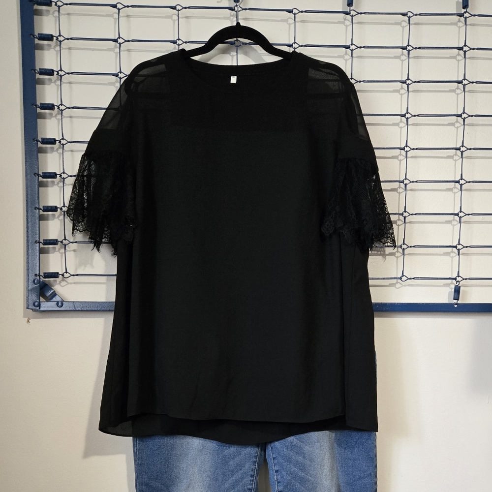 Worthington Elegant Black Blouse with Lace Sleeves